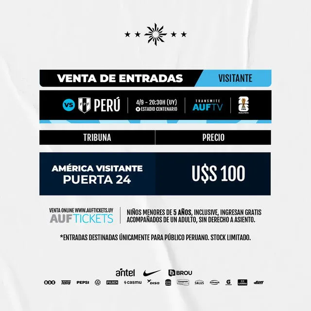 Precio de las entradas para los hinchas peruanos para el choque entre Perú vs Uruguay. Foto: captura AUF   