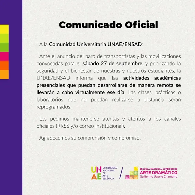 Universidad Nacional de Arte Escénico suspende sus clases presenciales Universidad Nacional de Arte Escénico suspende sus clases presenciales