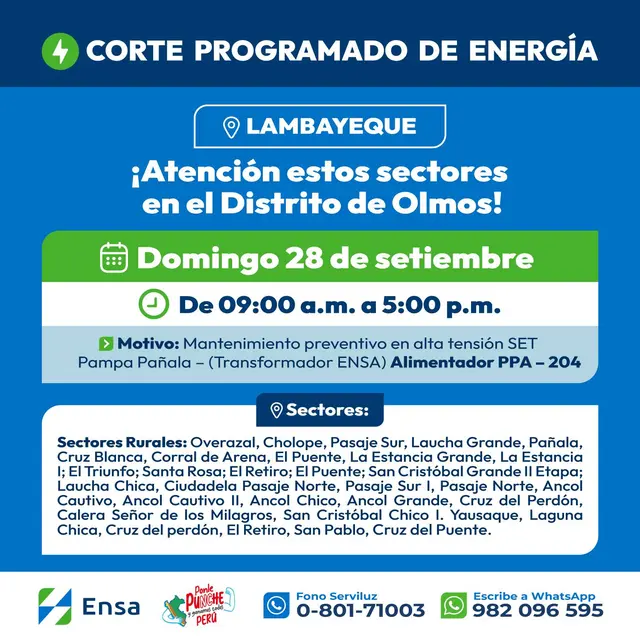 Corte de luz en Olmos, Lambayeque. Foto: Ensa