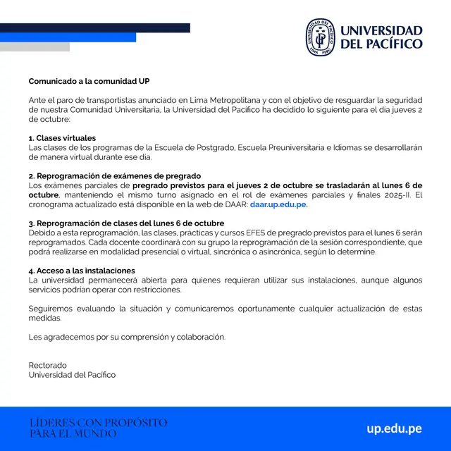 Comunicado de la Universidad Pacífico ante el paro de transportistas. Comunicado de la Universidad Pacífico ante el paro de transportistas.