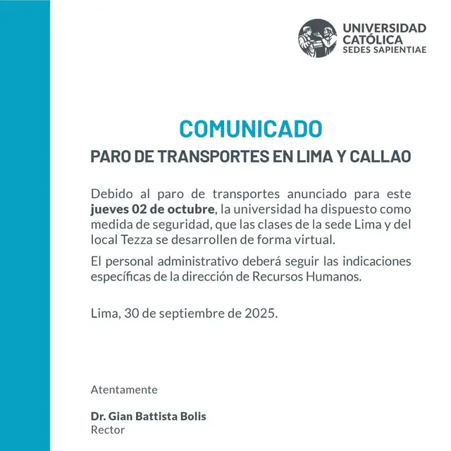 Comunicado de la Universidad Cátolica Sedes Sapientiae por el paro. Comunicado de la Universidad Cátolica Sedes Sapientiae por el paro.