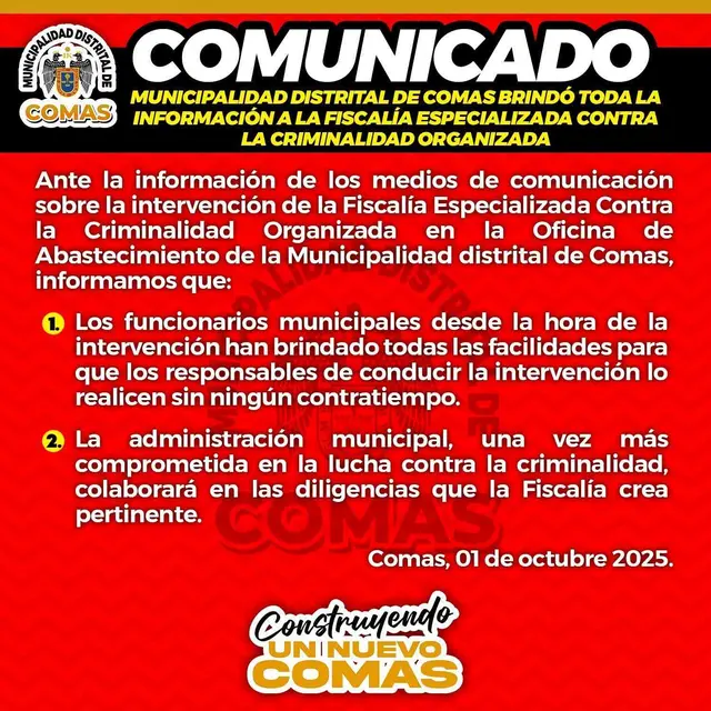 Pronunciamiento de la Municipalidad de Comas. Pronunciamiento de la Municipalidad de Comas.