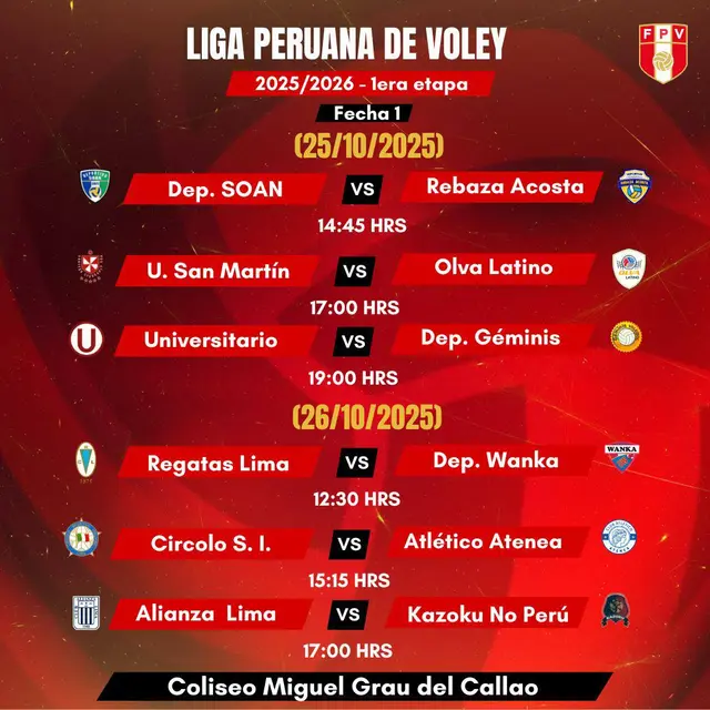  Así quedó la programación de la fecha 1 en la Liga Peruana de Vóley 2025-26. Foto: FPV   