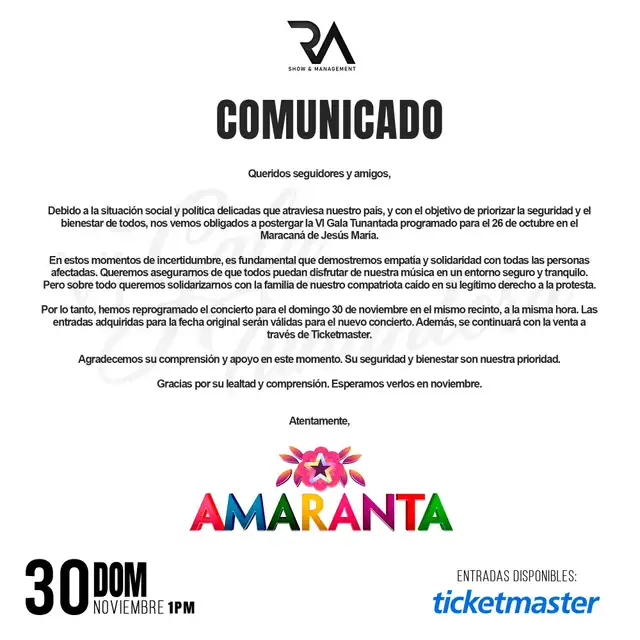 Comunicado de Amaranta sobre su show en Jesús María. Fotos: Facebook/Amaranta   