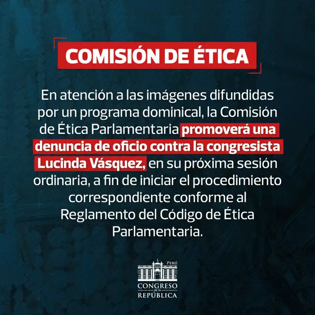 La Comisión de Ética anunció la promoción de una denuncia de oficio contra la congresista Lucinda Vásquez. La Comisión de Ética anunció la promoción de una denuncia de oficio contra la congresista Lucinda Vásquez.