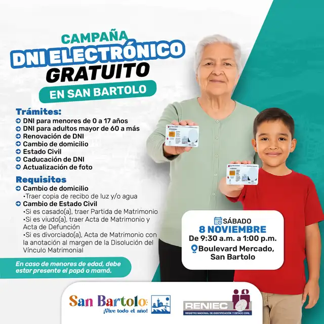 Municipalidad de San Bartolo anuncia campaña de DNI gratis.   