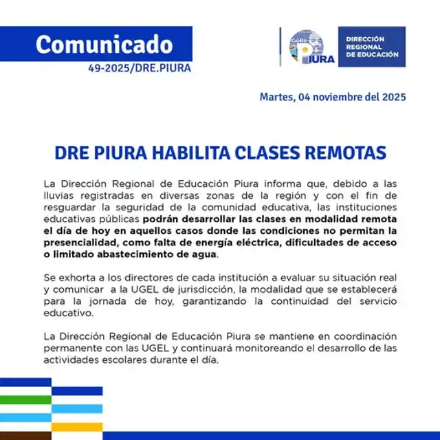  Colegios públicos tuvieron clases remotas por lluvias. Foto: DRE Piura.   