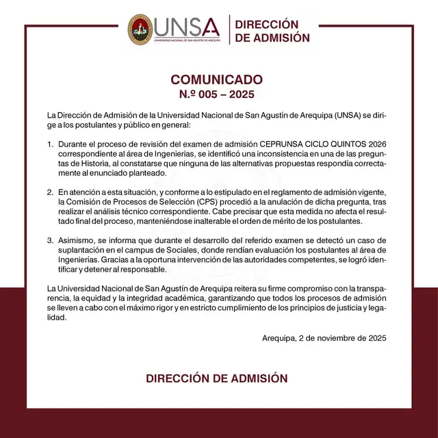 Comunicado de la Universidad Nacional de San Agustín de Arequipa sobre proceso de admisión. Foto: UNSA Comunicado de la Universidad Nacional de San Agustín de Arequipa sobre proceso de admisión. Foto: UNSA