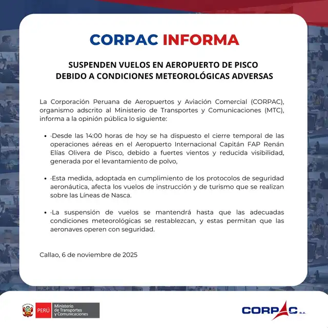 Comunicado de Corpac sobre suspensión de vuelos en Pisco. Foto: Corpac.   