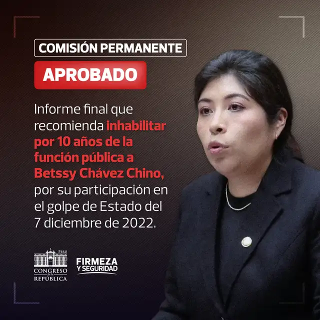 Recomiendan inhabilitar de la función pública a Betssy Chávez Chino