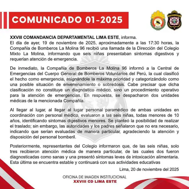 Reporte de los Bomberos sobr el caso en colegio La Molina Reporte de los Bomberos sobr el caso en colegio La Molina