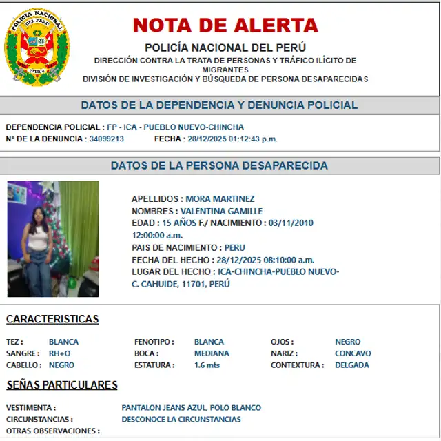 Familia de Valentina Mora busca desesperadamente a su hija. Foto: PNP.   