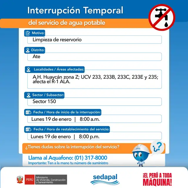  Corte de agua en Lima. Foto: Sedapal    