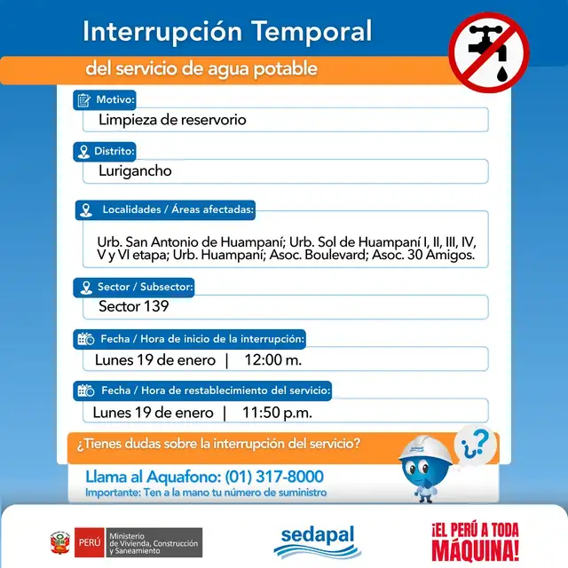  Corte de agua en Lima. Foto: Sedapal   