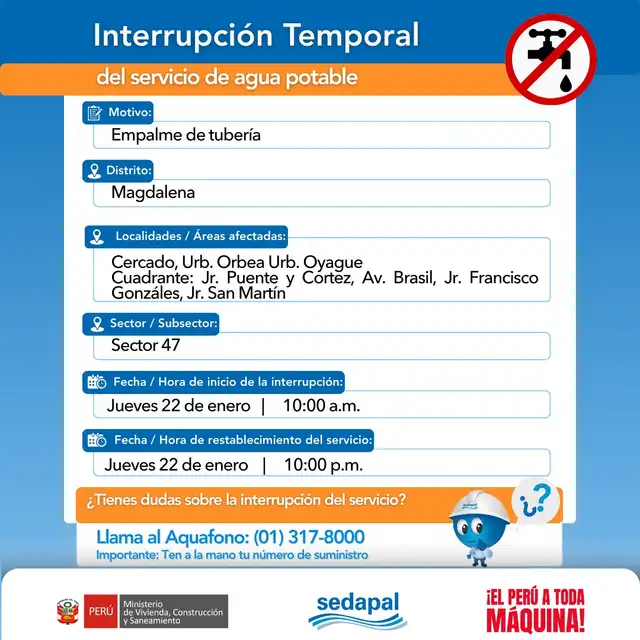 Corte de agua en Lima. Foto: Sedapal Corte de agua en Lima. Foto: Sedapal
