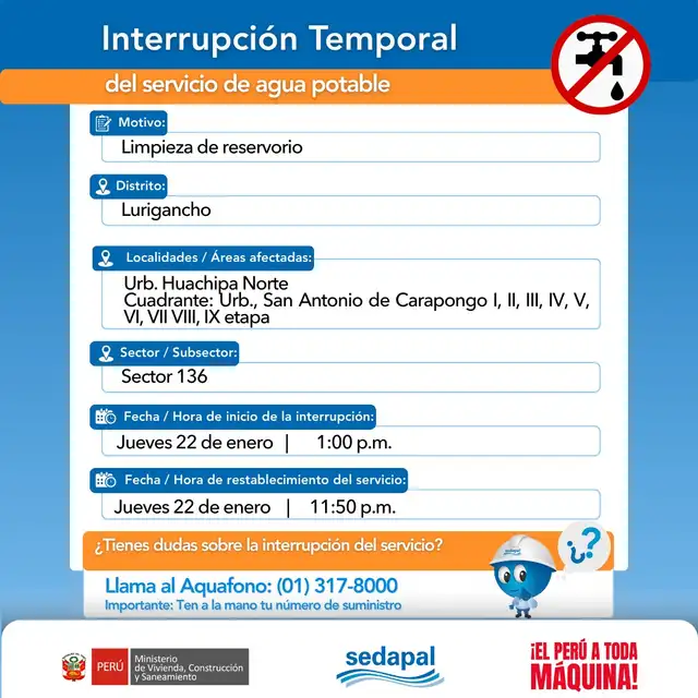 Corte de agua en Lima. Foto: Sedapal Corte de agua en Lima. Foto: Sedapal