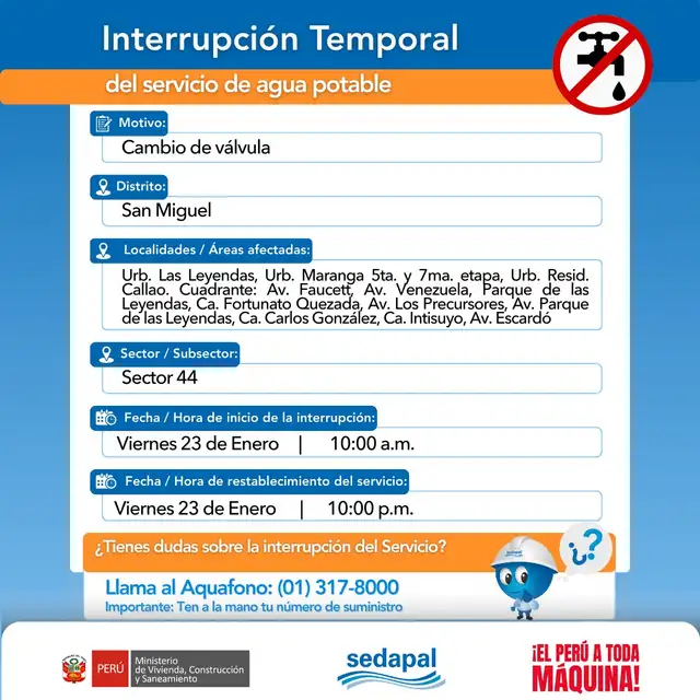 Corte de agua en Lima. Foto: Sedapal Corte de agua en Lima. Foto: Sedapal