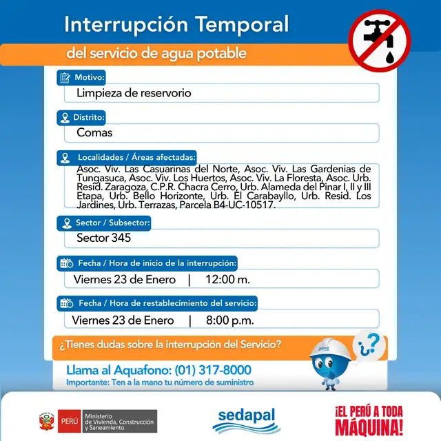 Corte de agua en Lima. Foto: Sedapal Corte de agua en Lima. Foto: Sedapal