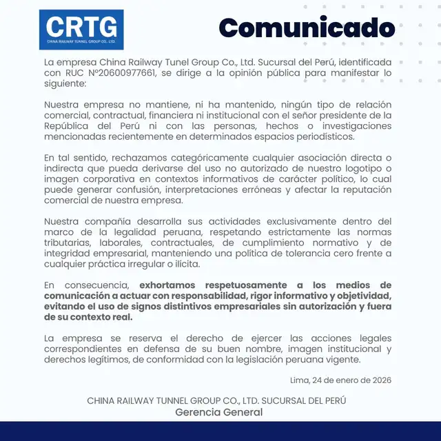  Empresa niega vínculos con José Jerí. Foto: difusión   