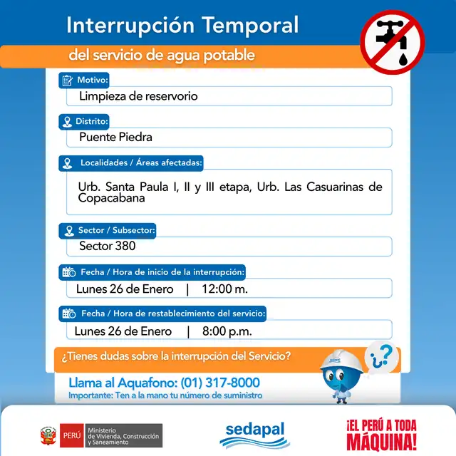  Corte de agua en Lima. Foto: Sedapal    