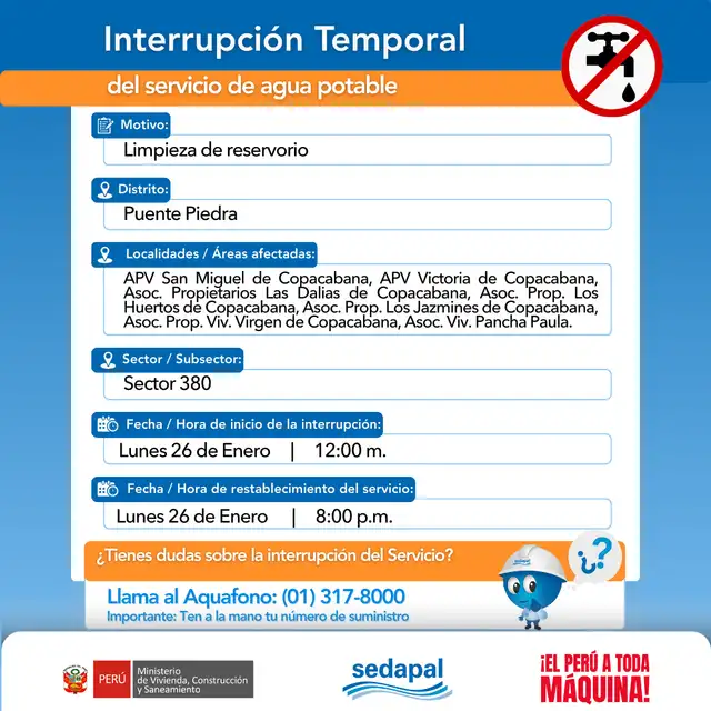  Corte de agua en Lima. Foto: Sedapal    