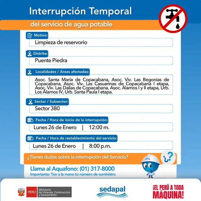  Corte de agua en Lima. Foto: Sedapal  