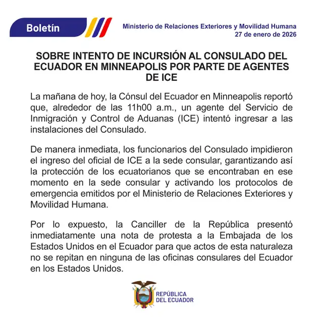 Comunicado de la Cancillería de Ecuador sobre el altercado con ICE, en Minnesota.