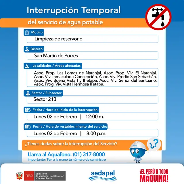  Corte de agua en Lima. Foto: Sedapal    