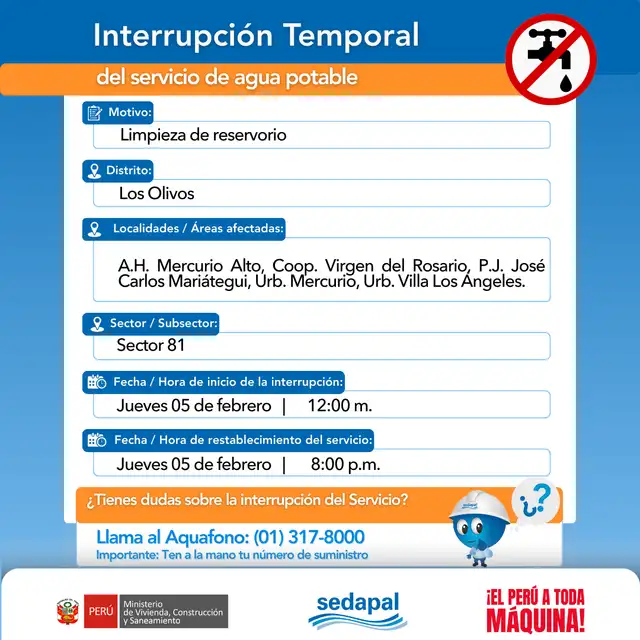  Corte de agua en Lima. Foto: Sedapal    