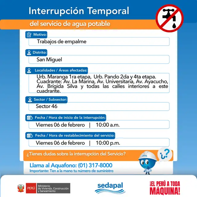  Corte de agua en Lima. Foto: Sedapal    