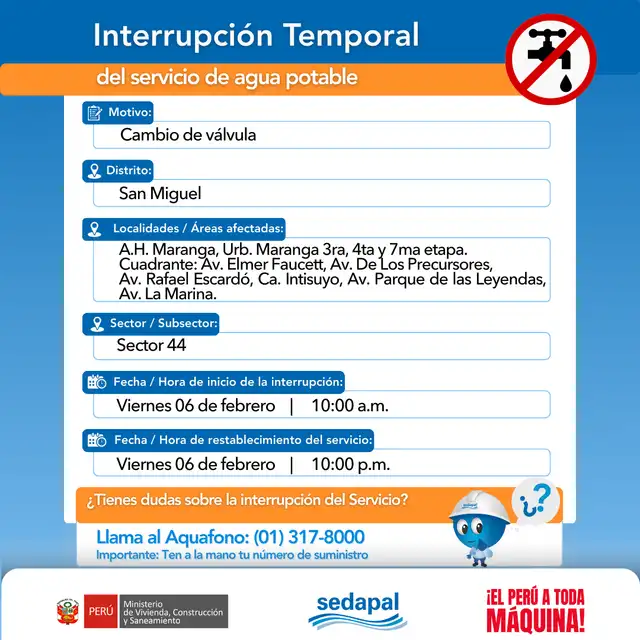  Corte de agua en Lima. Foto: Sedapal    