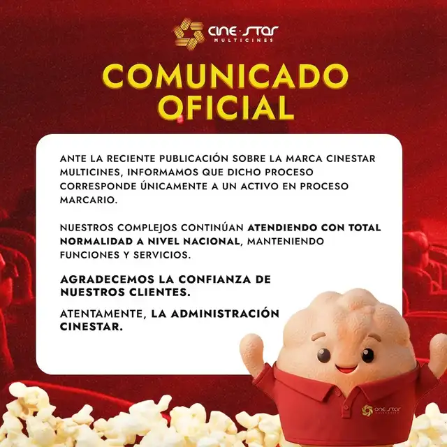  Comunicado de Cinestar difundido a través de sus redes sociales. Foto: @cinestar.pe   