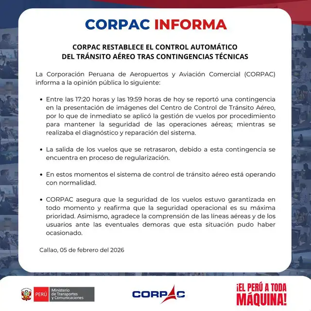  Comunicado de Corpac ante problemas en los vuelos. Foto: Corpac    