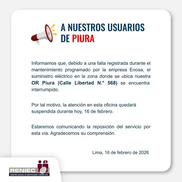 A las 6:00 p.m., numerosos sectores aún permanecían sin luz, complicando la atención en locales y servicios públicos. Foto: RENIEC   