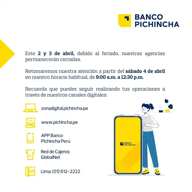 A través de sus redes, el Banco Pichincha confirmó que no habrá atención presencial este 2 y 3 de abril. Captura: Banco Pichincha Perú.    