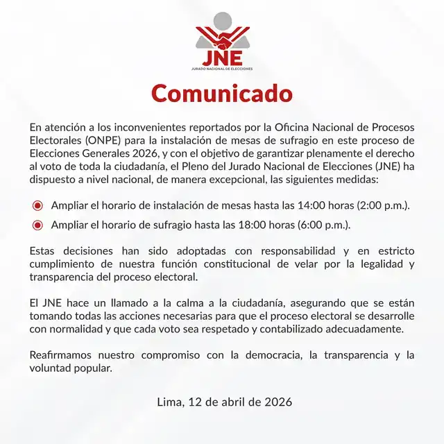 ONPE amplía horario de votación hasta las 6 p. m. en Elecciones 2026.