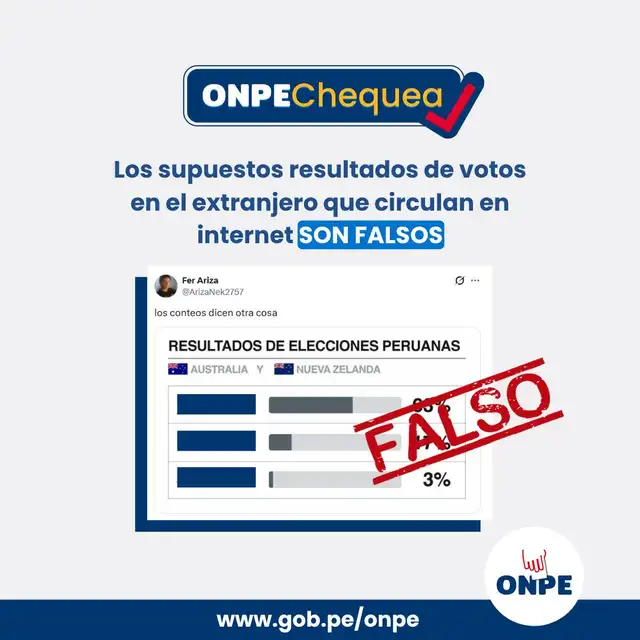 ONPE advierte sobre la supuesta filtración de resutados en el exterior. Foto: Facebook ONPE ONPE advierte sobre la supuesta filtración de resutados en el exterior. Foto: Facebook ONPE