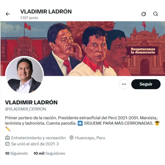 Falso perfil de X de Vladimir Cerrón. Foto: X  