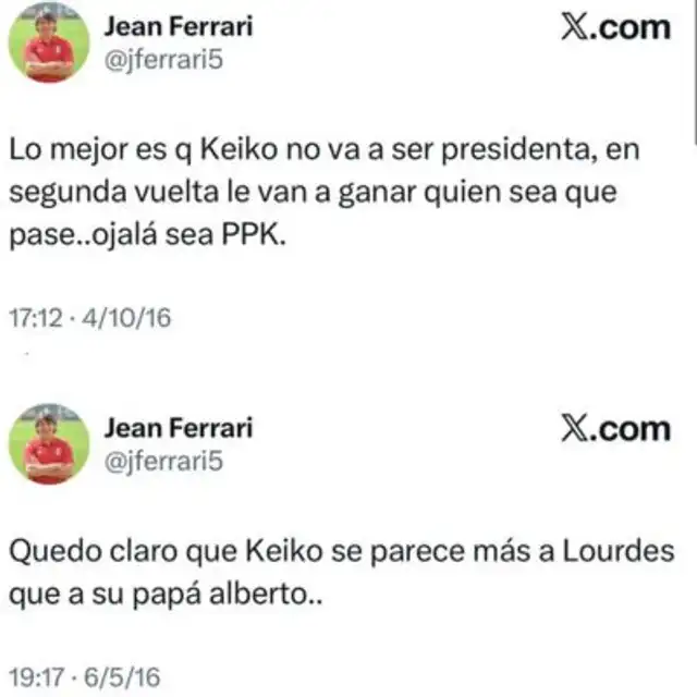 Publicaciones de Jean Ferrari sobre Keiko Fujimori. Foto: X  