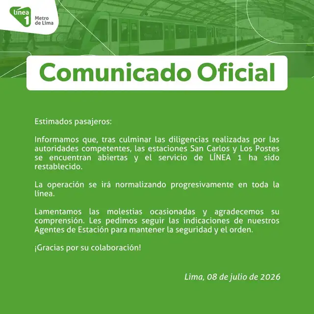 Línea 1 del Metro de Lima informa reapertura de estaciones tras incidente en SJL