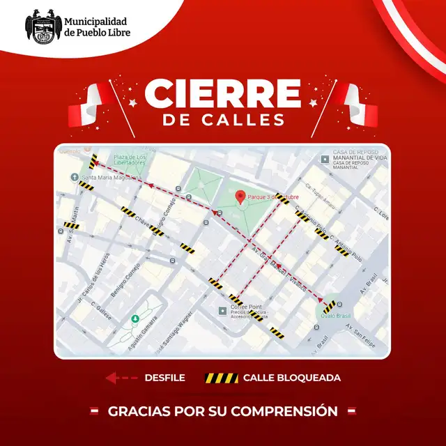 El mapa del cierre de calles que ejecutará Pueblo Libre por desfile cívico El mapa del cierre de calles que ejecutará Pueblo Libre por desfile cívico
