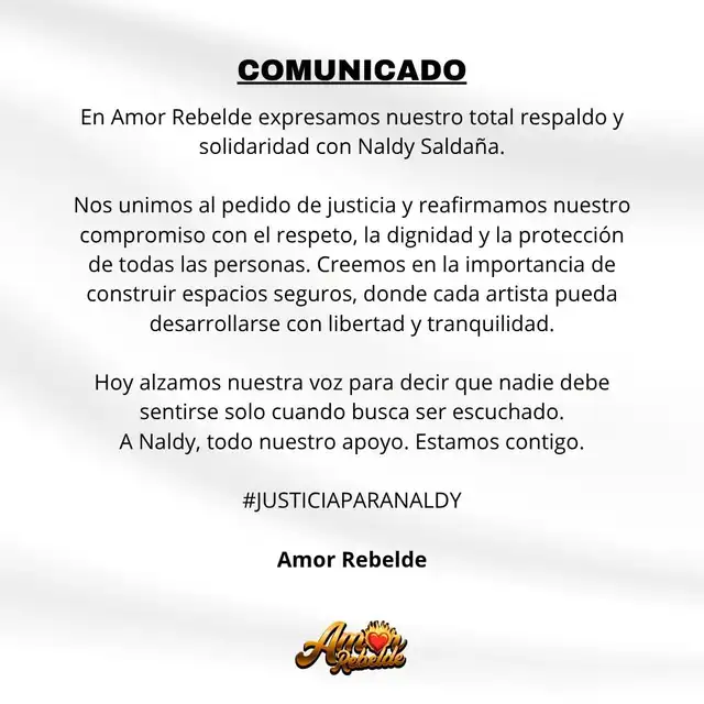 Comunicado de Amor Rebelde para apoyar a Naldy Saldaña. Comunicado de Amor Rebelde para apoyar a Naldy Saldaña.