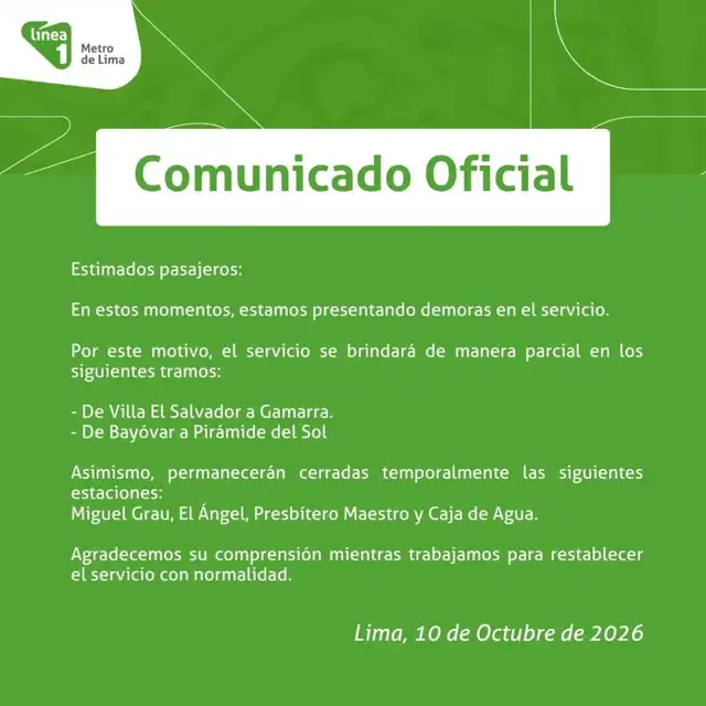 La Línea 1 del Metro de Lima informa sobre demoras operativas y un servicio parcial en su recorrido debido a una contingencia. La Línea 1 del Metro de Lima informa sobre demoras operativas y un servicio parcial en su recorrido debido a una contingencia.