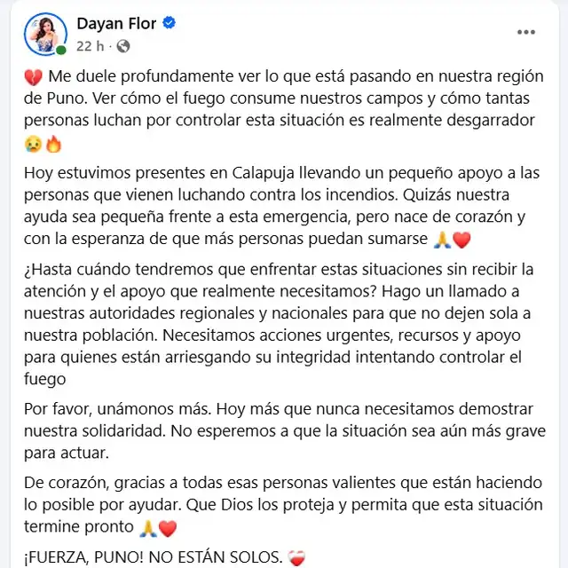 La cantante folclórica Dayan Flor pide al Gobierno que no deje solos a los puneños.