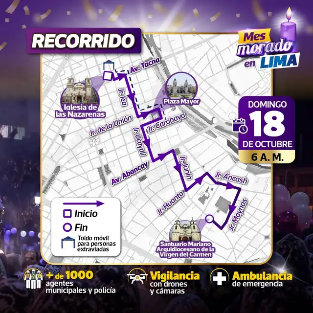 Recorrido del Señor de los Milagros el 18 de octubre Recorrido del Señor de los Milagros el 18 de octubre