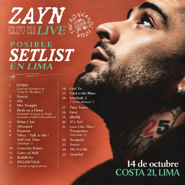 Posible setlist de Zayn Malik en su concierto en Lima. Composición LR. Instagram. Posible setlist de Zayn Malik en su concierto en Lima. Composición LR. Instagram.
