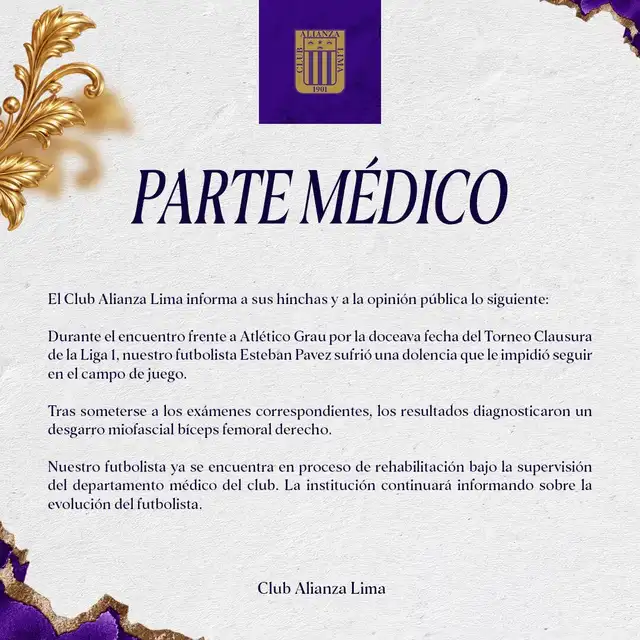 Parte médico de Esteban Pavez. Foto: Alianza Lima  