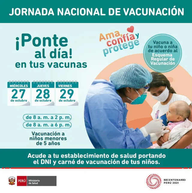 Jornada Nacional de Vacunación del Minsa hasta el 29 de octubre. Foto: Minsa