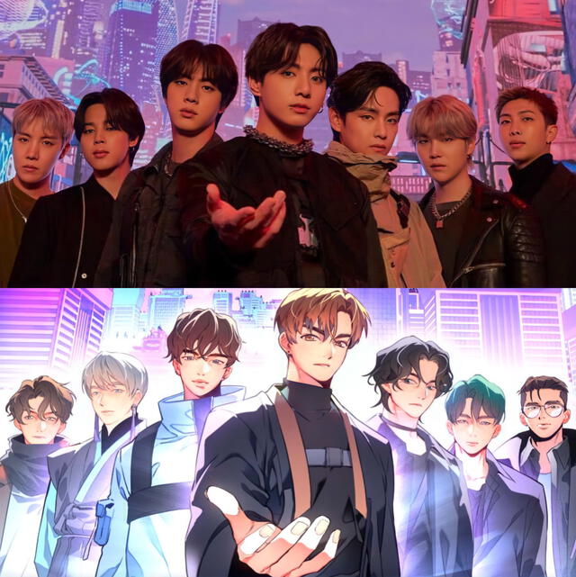 Comparación del poster de BTS y su versión ilustrada. Foto: Webtoon Naver