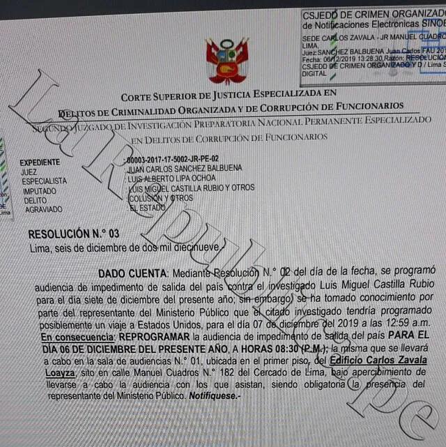 Resolución judicial que programa para este viernes la audiencia de impedimento de salida del país contra el exministro Luis Miguel Castilla.